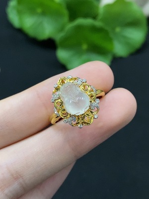 F34028023 Jadeite Inlaid Ring 18K Gold Size 14 with Diamond Accent Total Weight Approx. 2.3g
