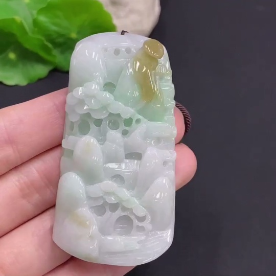 F35159511 Jadeite Landscape Pendant Total Weight Approx. 68.1g (Including Cord Weight) With Non-Jadeite Beads