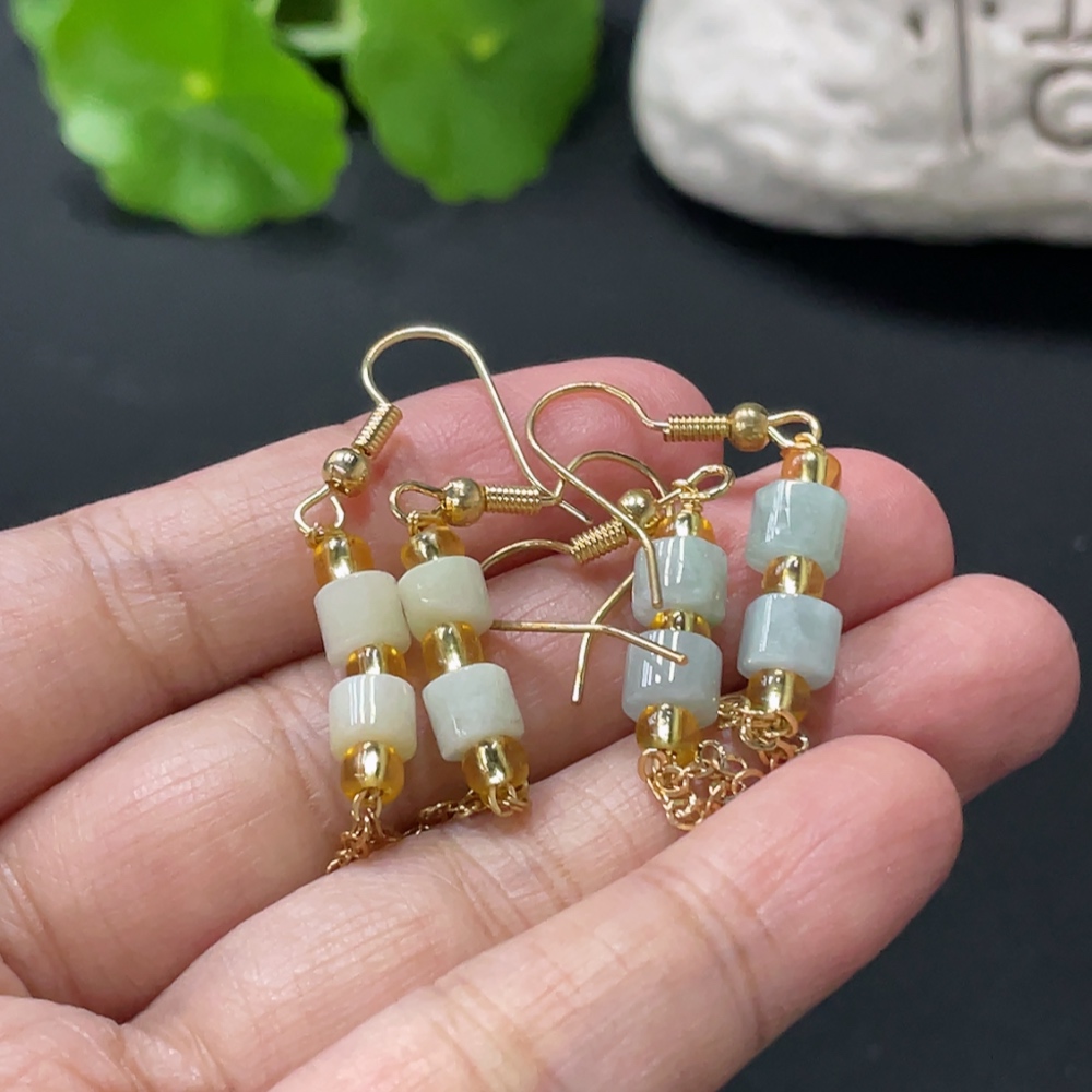 F33837842 Jadeite inlaid ear hooks, non-gold inlaid, with non-A grade beads