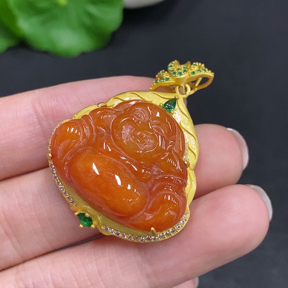F34002095 Jadeite Buddha Pendant, Non-Gold Inlaid, Total Weight Approx. 9.5g, Yellow Color Origin Undetermined
