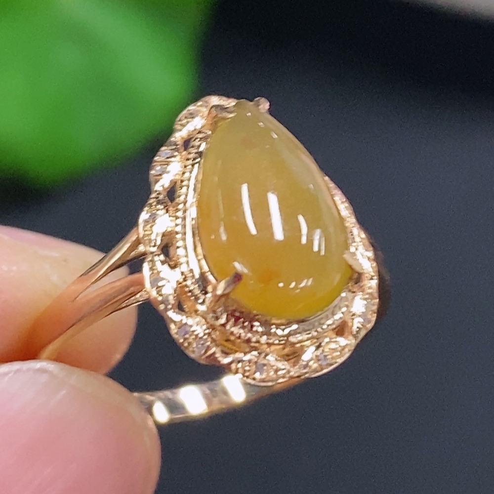 F28192095 Jadeite Water Drop Inlaid Ring 18k Gold Setting Size 14.5 Total Weight Approx. 1.83g Color Origin Undetermined With Diamond Accents