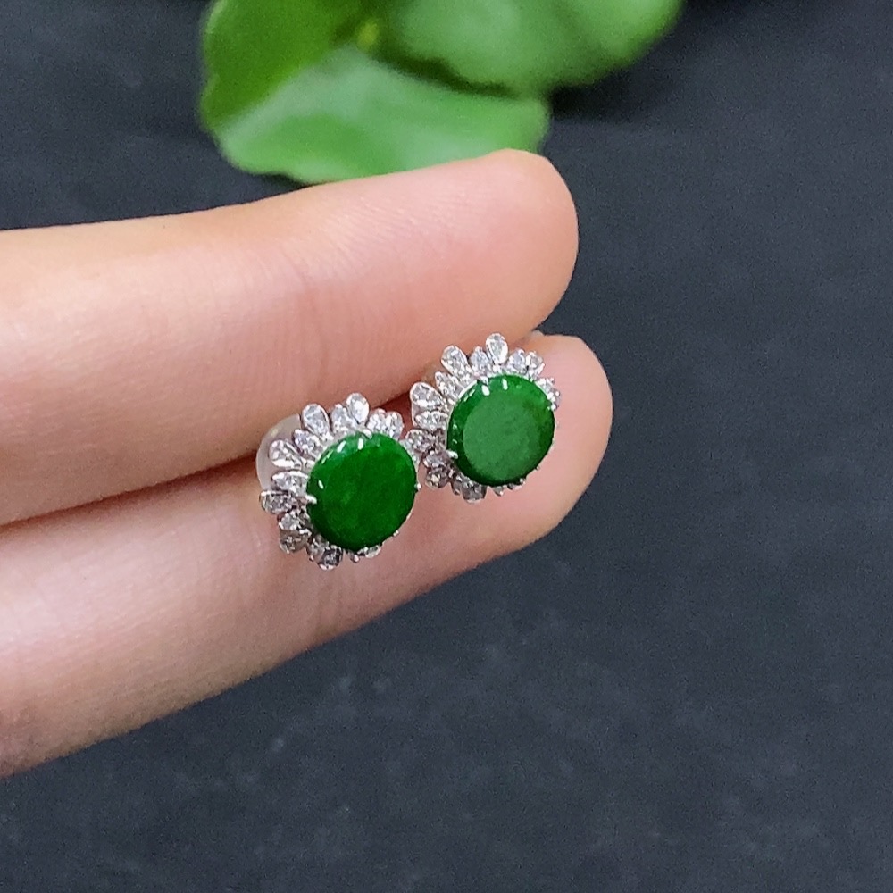F31603759 Jadeite Cabochon Earrings Set in 18K Gold with Diamond Accents, Total Weight Approximately 1.66g