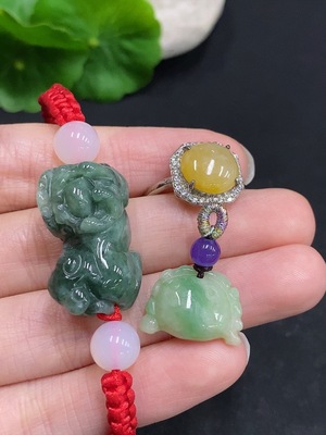F33941314 Jadeite Pendant + Cabochon Ring + Bracelet Sell as a Lot Non-Gold Setting Adjustable Size Yellow Color Origin Undetermined Non-Jadeite Beads