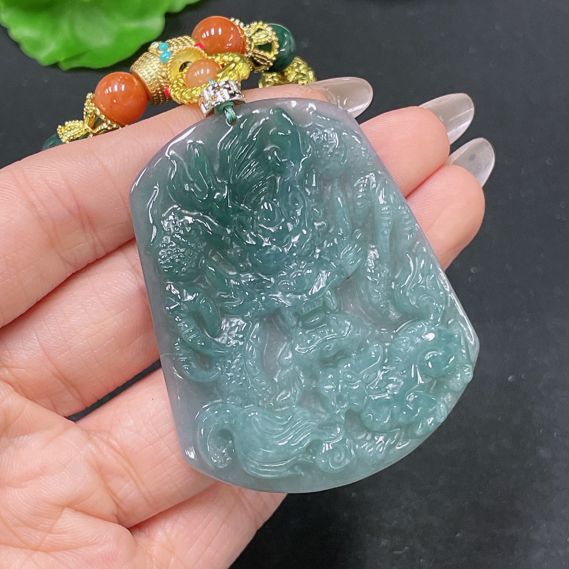 F35105382 Jadeite Pendant Dragon Plaque Non-Gold Beads Non-Grade A With Cord Total Weight Approx. 55.31g