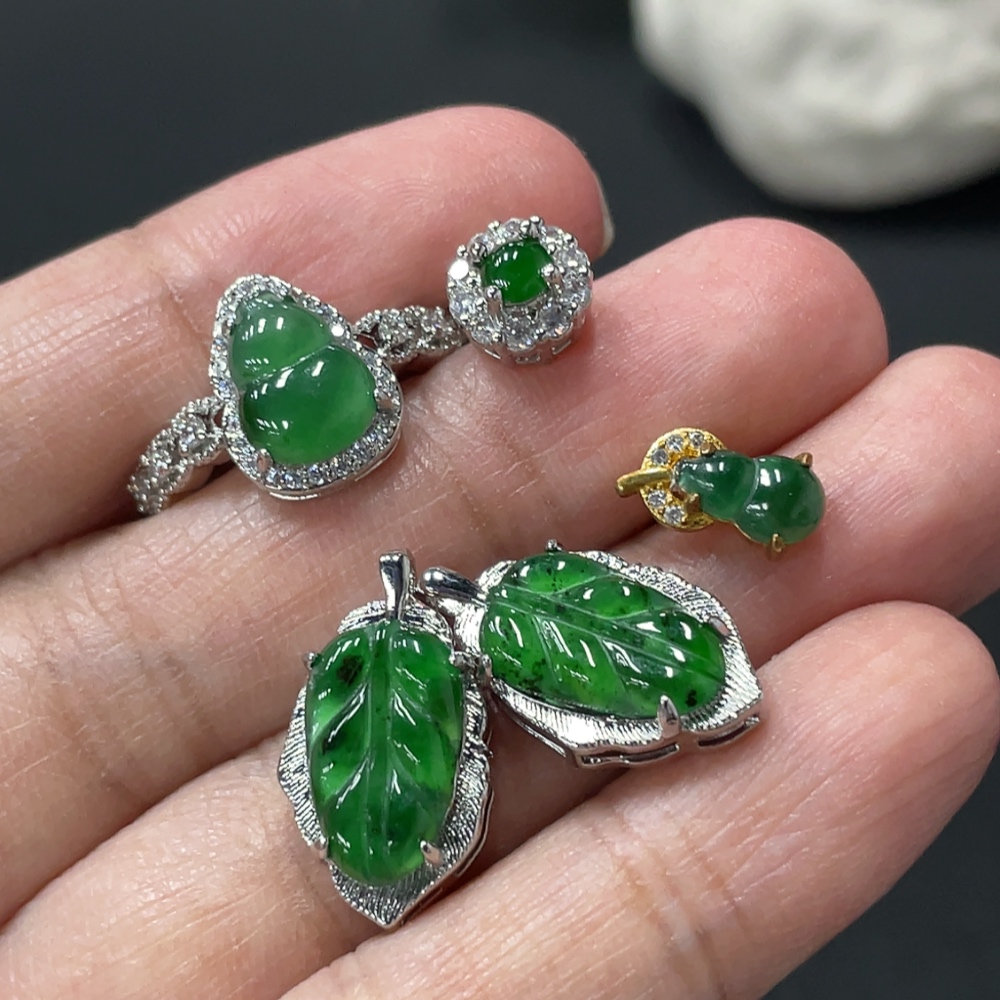 F34071204 Jadeite Inlaid Pendant Ring Earrings Sell as a Lot Non-Gold