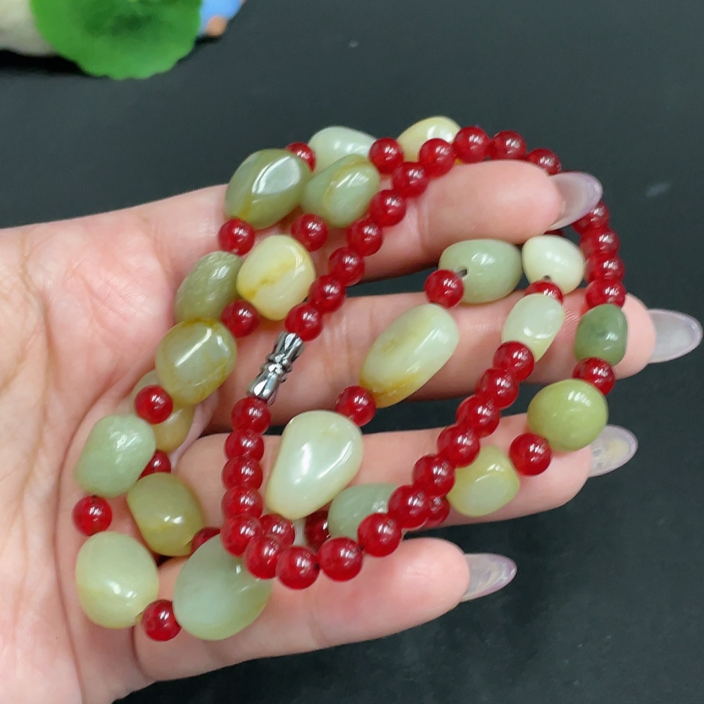 H33930466 Hetian Jade Bead Necklace, Total Weight Approx. 59.8g, Contains Other Mineral Components, Undetermined Skin Color Origin, Matching Beads Not Hetian Jade