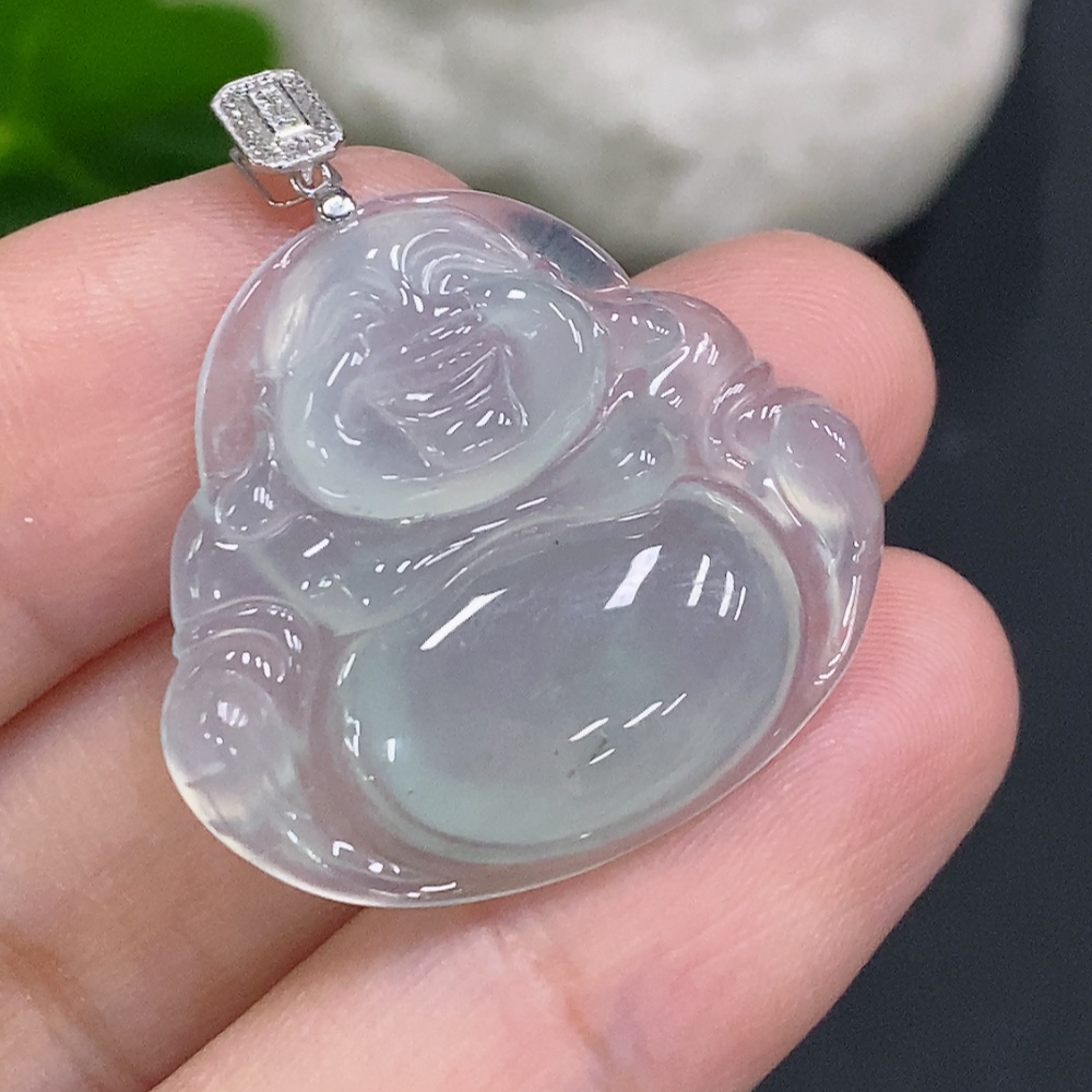 F34049909 Jadeite Buddha Pendant with 18K Gold Clasp Total Weight Approx. 5.4g (Diamond Accents)