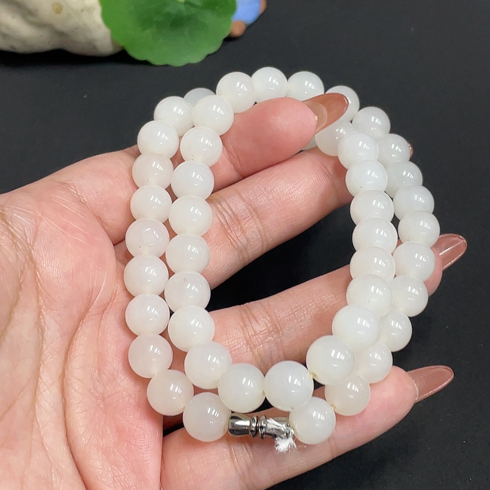 H35100014 Hetian Jade Bead Necklace, Approx. 9.1mm, Total Weight Approx. 61.5g