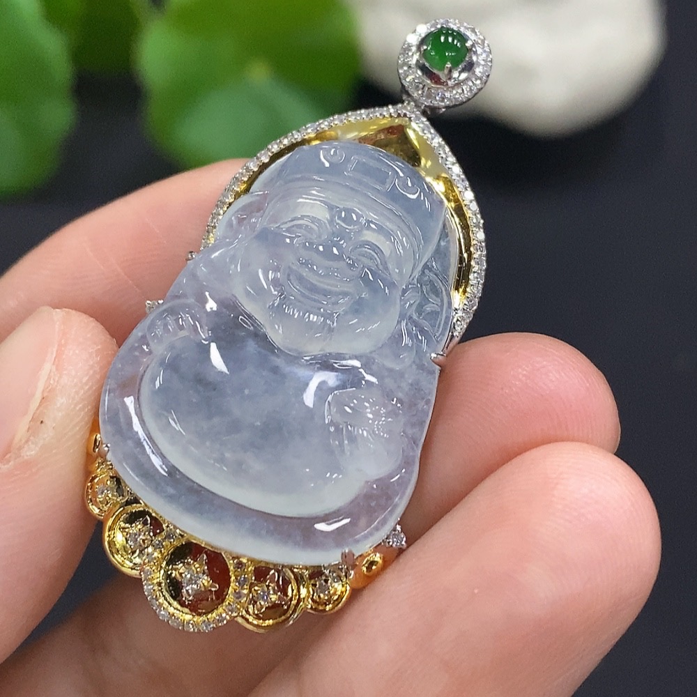 F29410950 Jadeite God of Wealth Inlaid Pendant 18K Gold Total Weight Approx. 8.1g (with Diamond Accents)