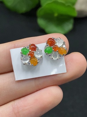 F33946427 Jadeite Cabochon Earrings Non-Gold Setting Total Weight Approx. 2.4g Yellow-Red Part Color Origin Undetermined