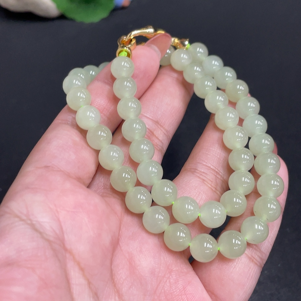 H34054127 Hetian Jade Bead Necklace Approx. 7.7 mm Total Weight About 38.9g Non-Gold