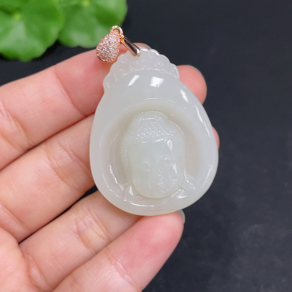 H35102795 Hetian Jade Pendant Buddha Amulet Non-Gold Inlaid Total Weight Approx. 14.7g