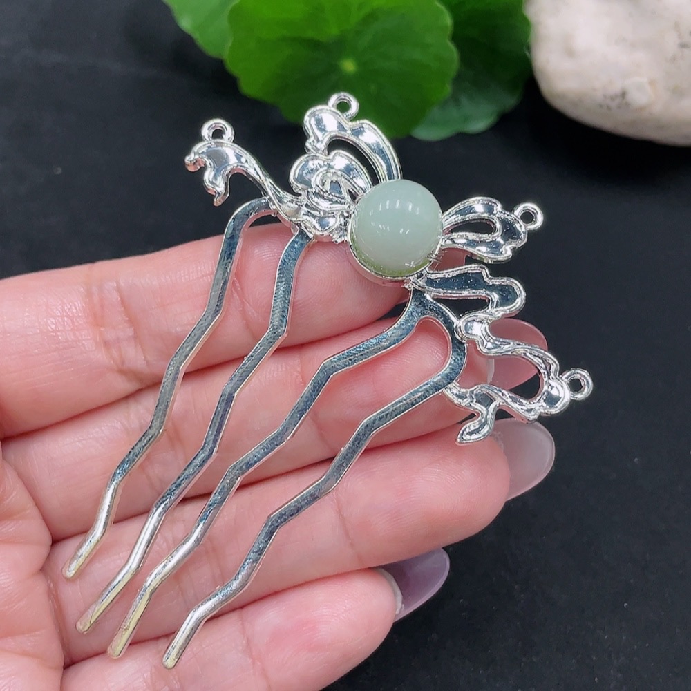 F34982886 Jadeite Inlaid Hairpin Total Weight Approx. 9.1g (Non-Gold Inlaid)