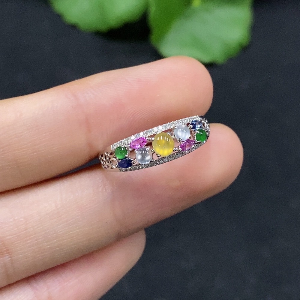 F30496836 Jadeite Cabochon Inlaid Ring 18K Gold Size 14 Total Weight Approx.1.6g Color Origin Undetermined Non-Type A Bead With Diamond Accents