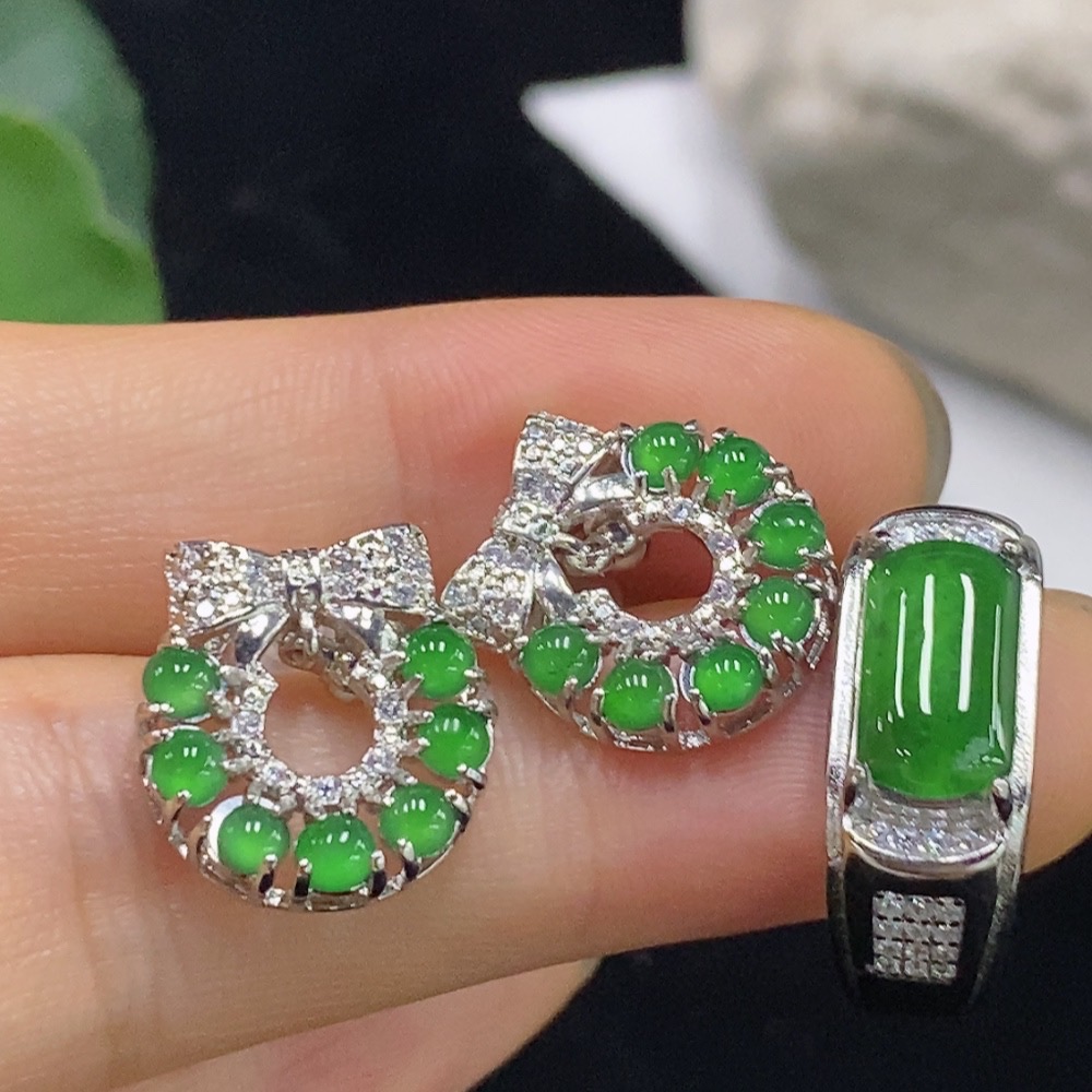 F32789291 Jadeite Inlaid Earrings/Ring Non-Gold Adjustable
