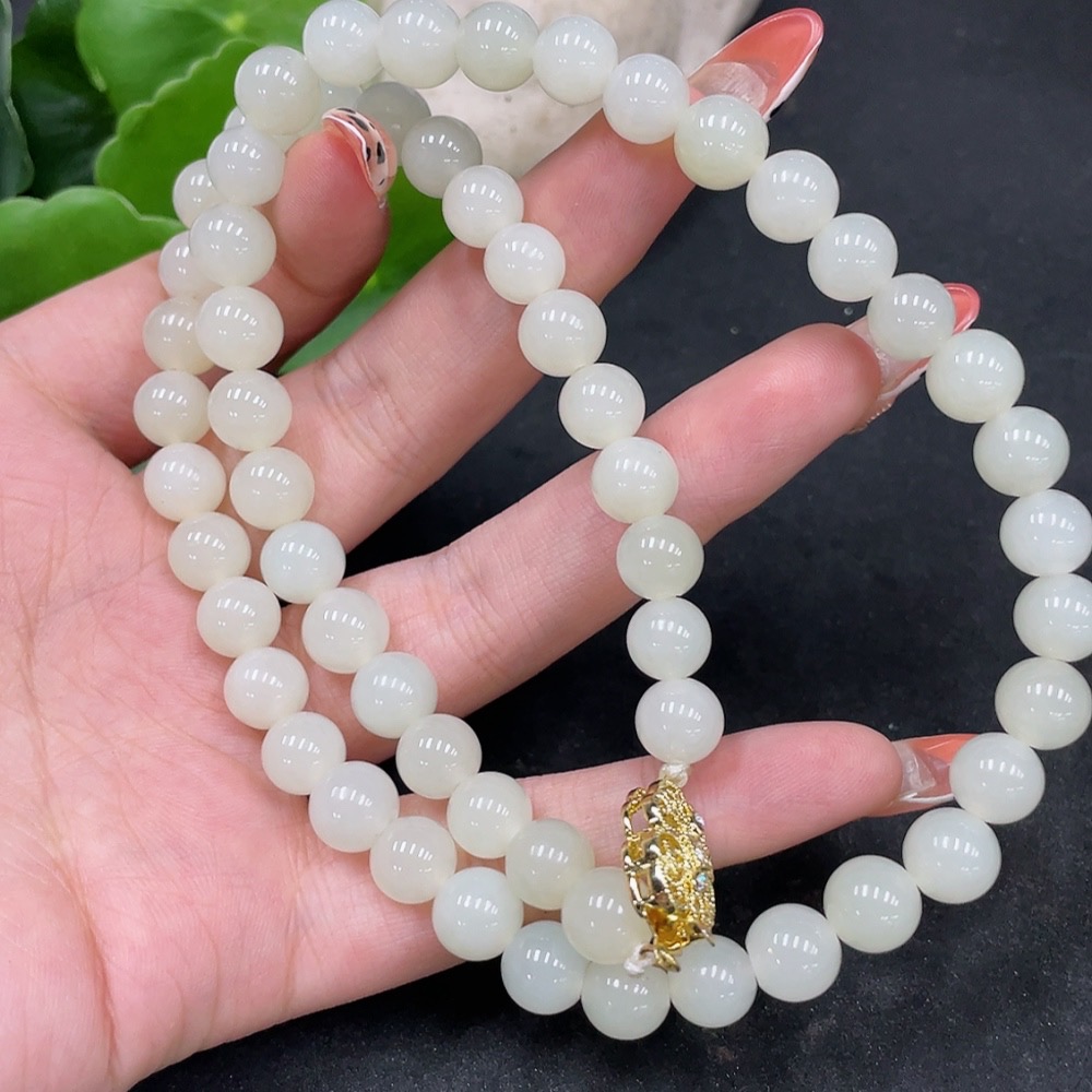 H35113567 Hetian Jade Bead Necklace Non-Gold Approximately 8.3mm Total Weight About 51.3g