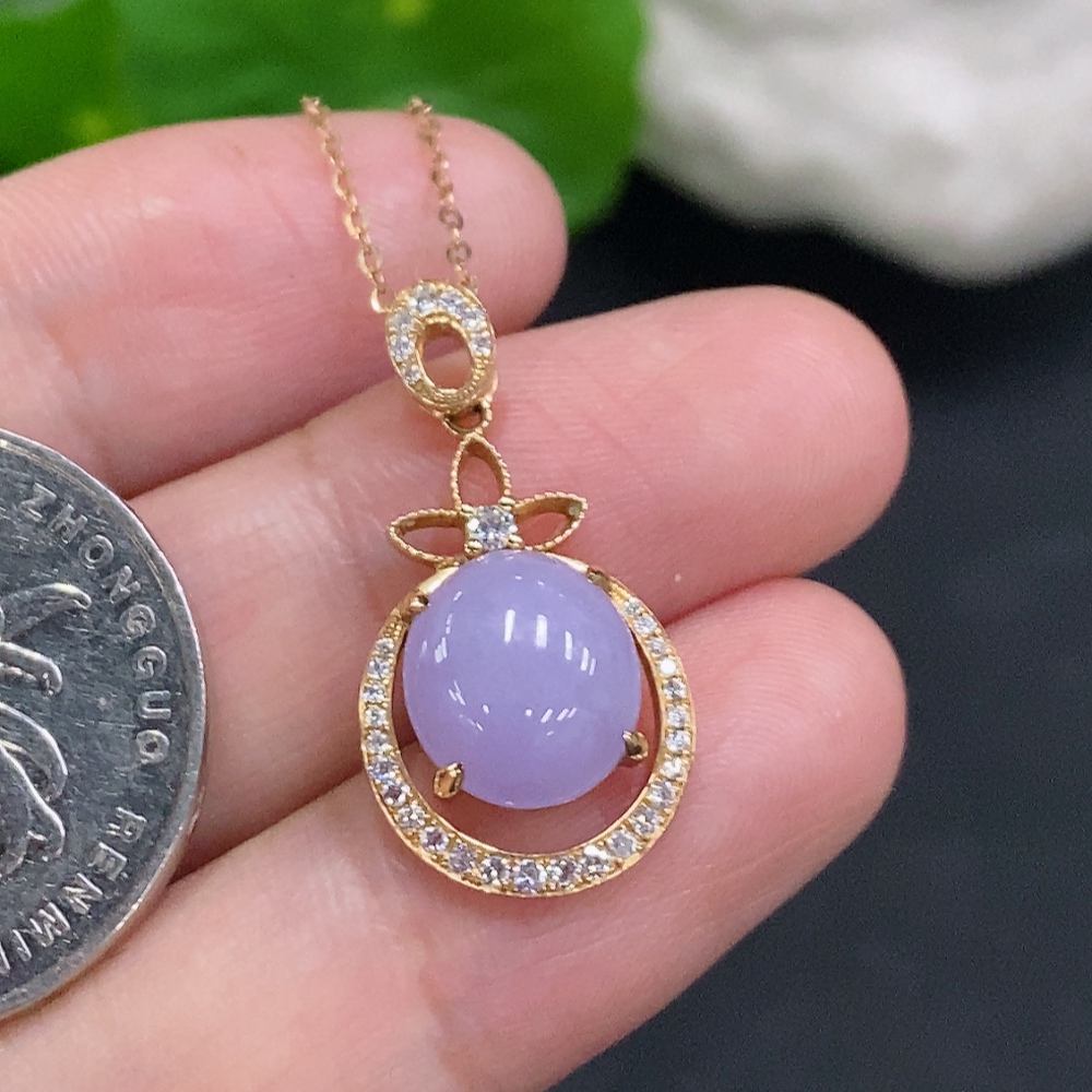 F32801708 Jadeite Cabochon Pendant with 18K Gold and Diamond Accents, Total Weight Approx. 3.7g (Including Chain)