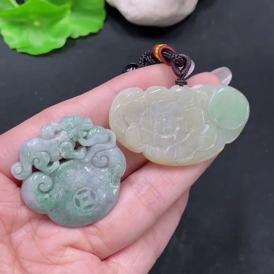 F35138113 Jadeite Pendants Sell as a Lot Ruyi + Blooming Wealth