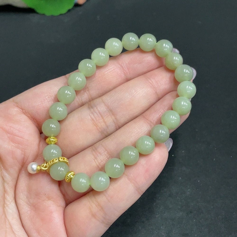H32806136 Hetian Jade Bead Bracelet, Approx. 7.7 mm, Total Weight About 18.4g, Non-Gold