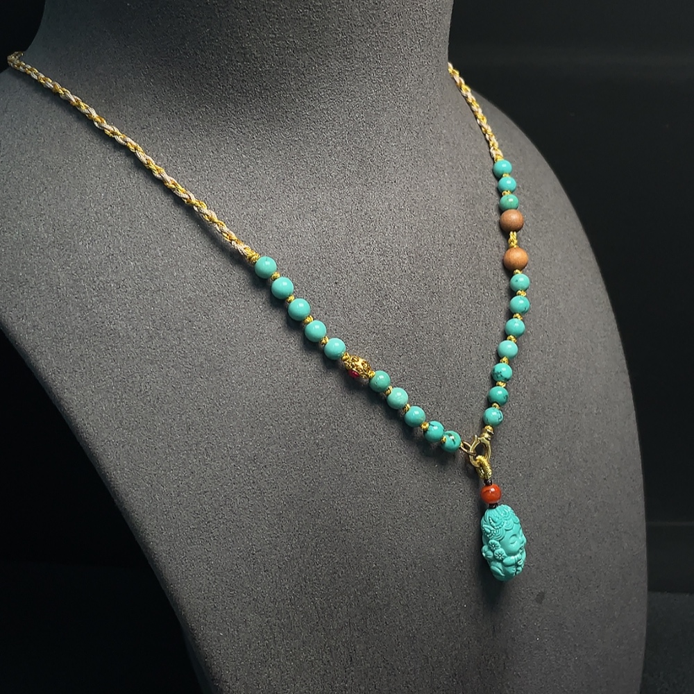 C34008553 Turquoise Pendant with Non-Natural Accent Stones, Total Weight Approx. 7.88g (Incl. Cord), Marked in Red Without Stamp, Surface Gold Content 75%, Rest Non-Gold