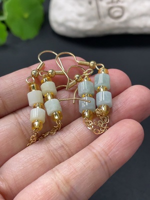 F33837842 Jadeite inlaid ear hooks, non-gold inlaid, with non-A grade beads