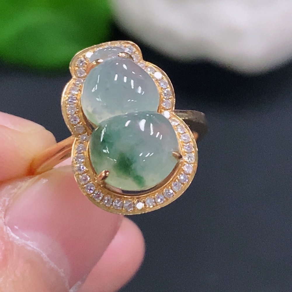 F33884107 Jadeite Gourd Inlaid Ring 18K Gold Size 14 Total Weight Approx 4.4g (With Diamond Accents)