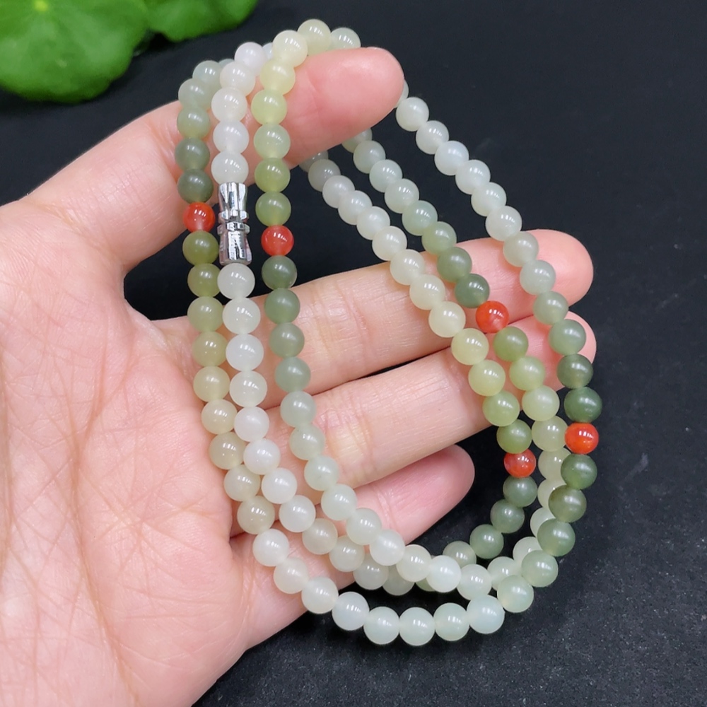 H34037533 Hetian Jade Bead Necklace, approx. 5mm, total weight about 24.7g, with Southern Red Agate