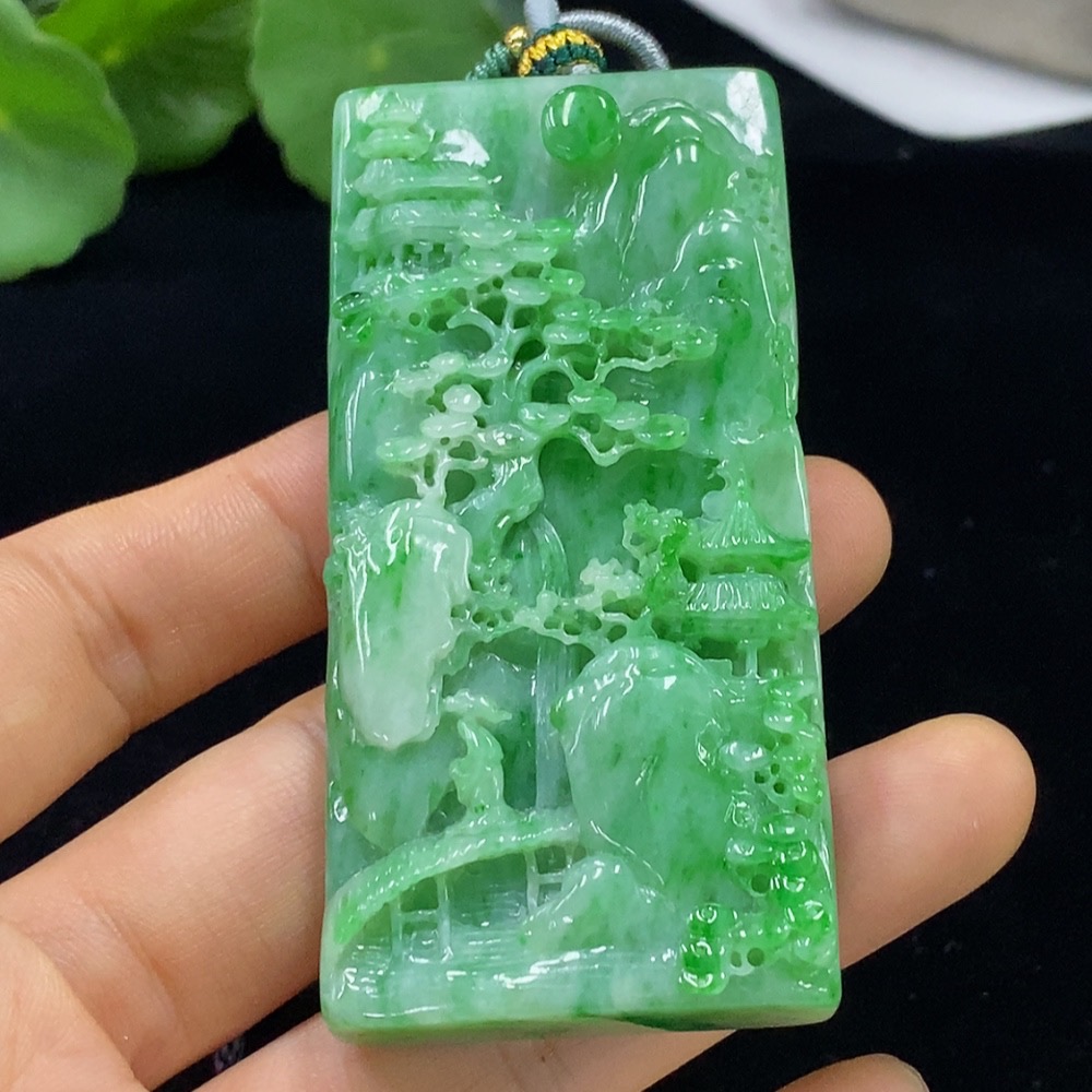 F34948146 Jadeite Landscape Pendant Total Weight Approx. 91g (Including Rope Weight)