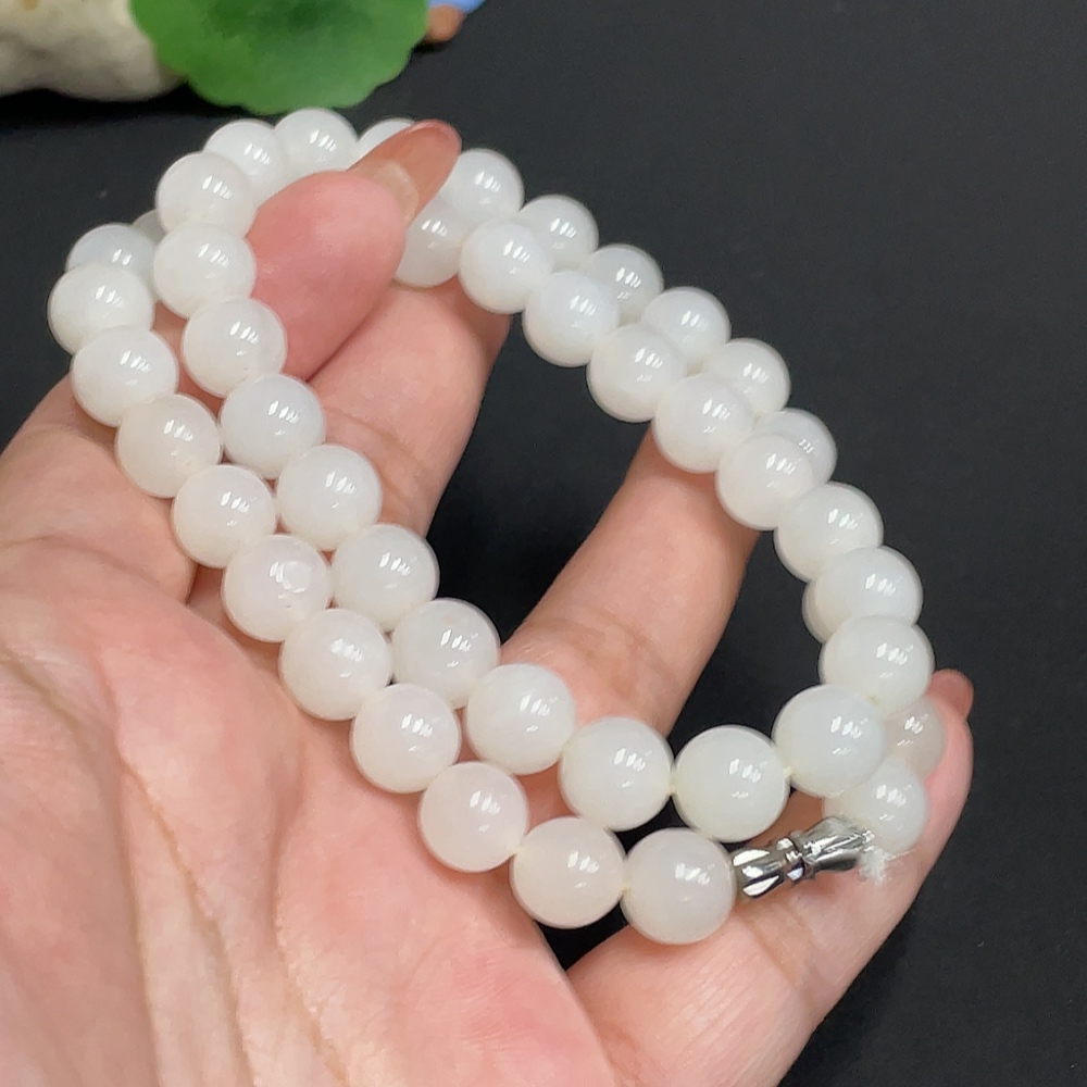 H35100014 Hetian Jade Bead Necklace, Approx. 9.1mm, Total Weight Approx. 61.5g