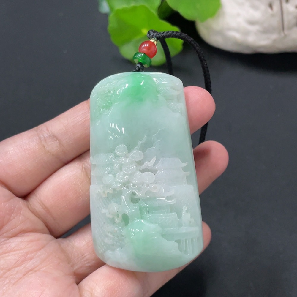 F34977295 Jadeite Pendant Landscape Plaque Total Weight Approx. 65.55g Including Rope, Beads Not Grade A