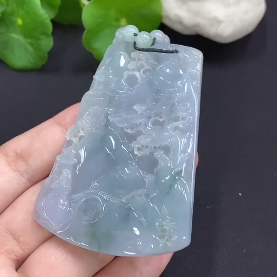 F29410913 Jadeite Landscape Pendant with Chain Total Weight Approx. 84.5g (Color Origin Undetermined)