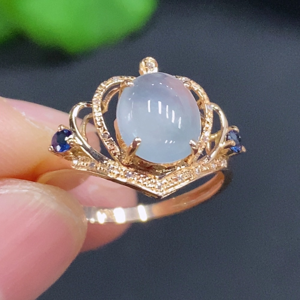 F28192091 Jadeite Cabochon Set Ring 18k Gold Setting Size 14 Total Weight Approx. 1.8g with Diamond Accents