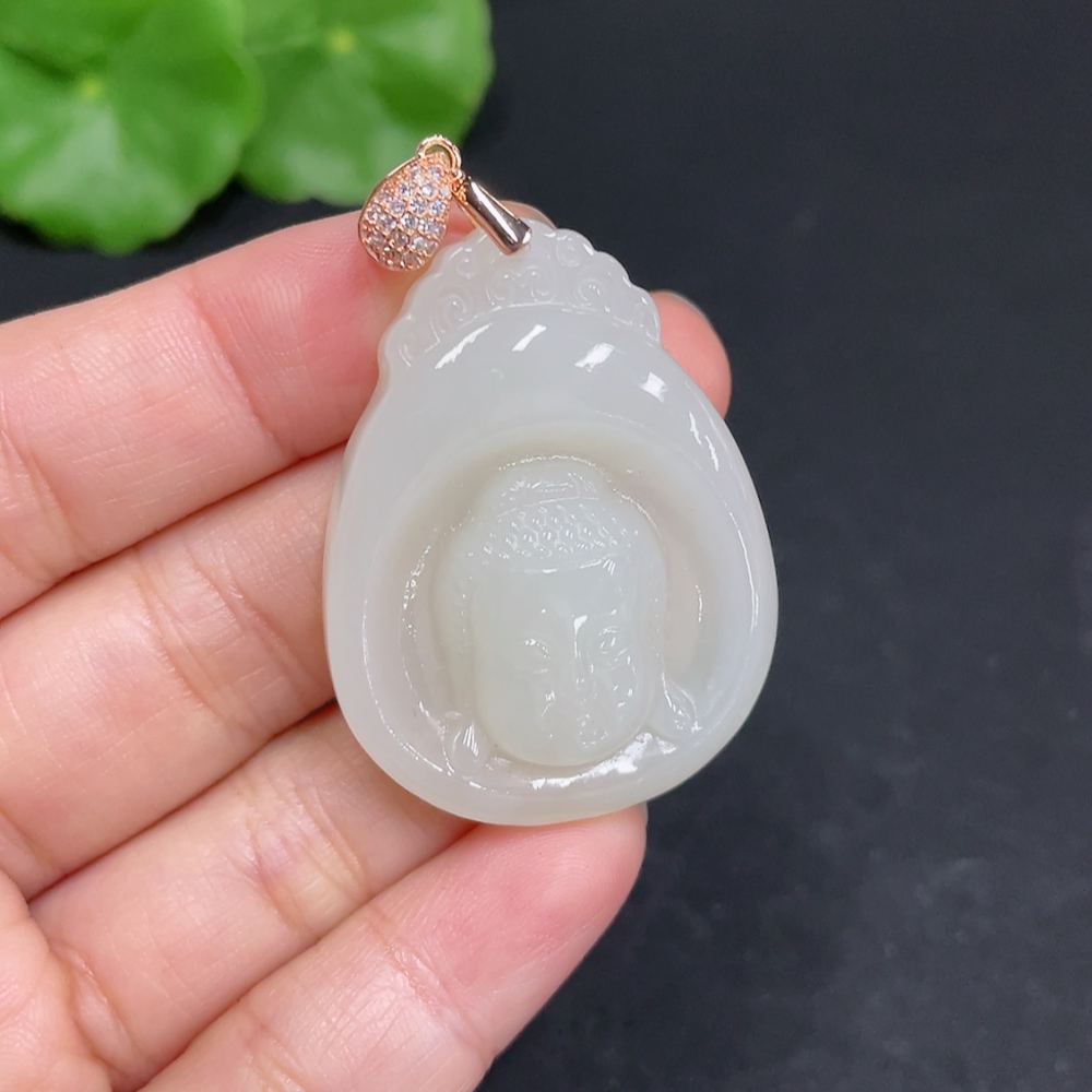 H35102795 Hetian Jade Pendant Buddha Amulet Non-Gold Inlaid Total Weight Approx. 14.7g