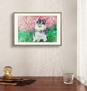 P40729546 巩硕《花影犬欢》纸面水彩综合 无装裱 约39*27cm