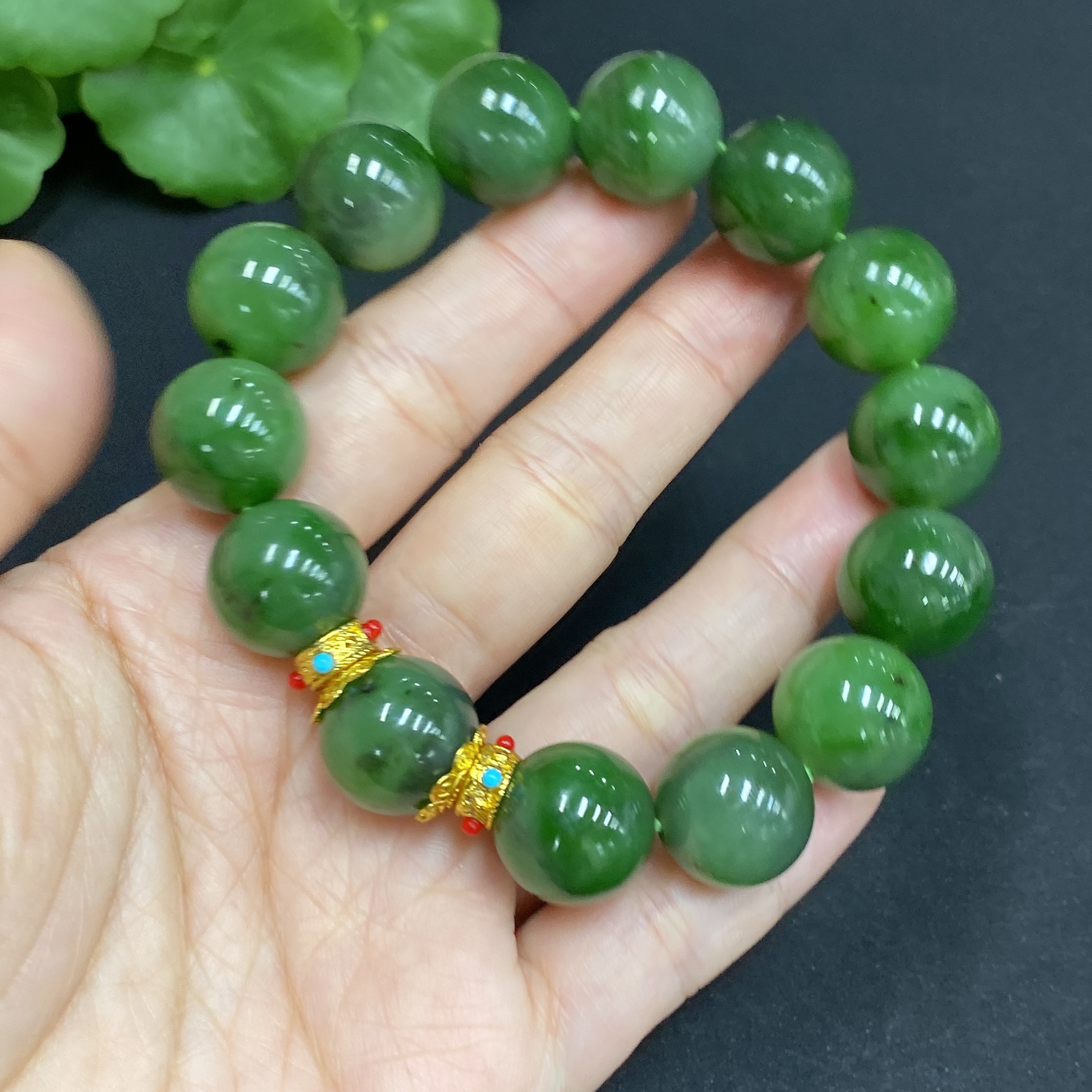 H34014627 Hetian Jade Green Jade Bracelet Approx. 14mm Non-Gold-Inlaid Total Weight About 63g