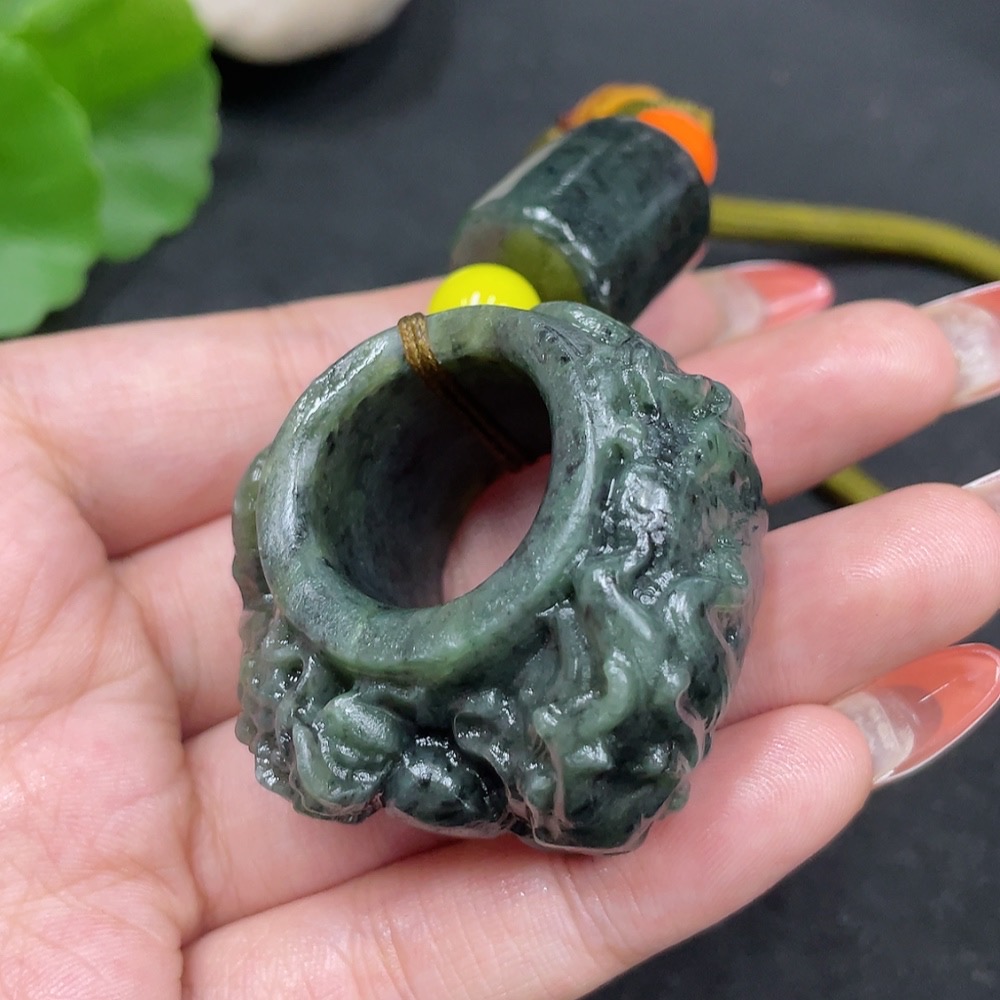H35147522 Hetian Jade Handheld Ornament Dragon Ring with Non-Hetian Jade Beads Total Weight Approx. 67.2g (including rope)