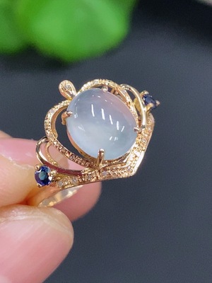 F28192091 Jadeite Cabochon Set Ring 18k Gold Setting Size 14 Total Weight Approx. 1.8g with Diamond Accents