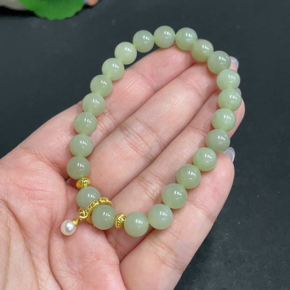 H32806136 Hetian Jade Bead Bracelet, Approx. 7.7 mm, Total Weight About 18.4g, Non-Gold