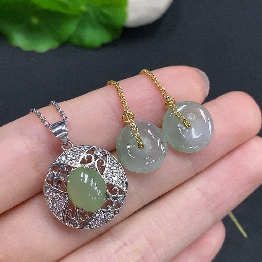 F35123842 Jadeite Cabochon Pendant + Peace Buckle Ear Threads Sell as a Lot Non-Gold Setting