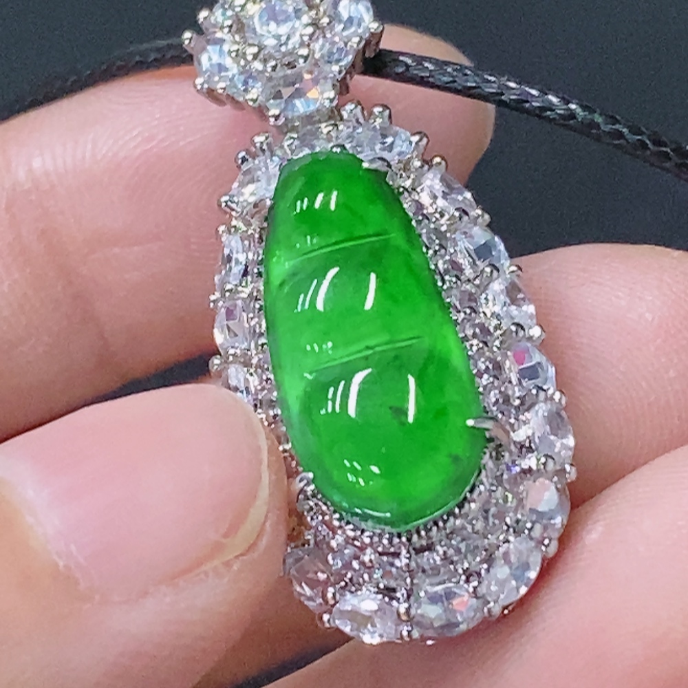 F31613490 Jadeite Inlaid Lucky Bean Pendant Non-Gold Total Weight Approx. 6.66g with Cord