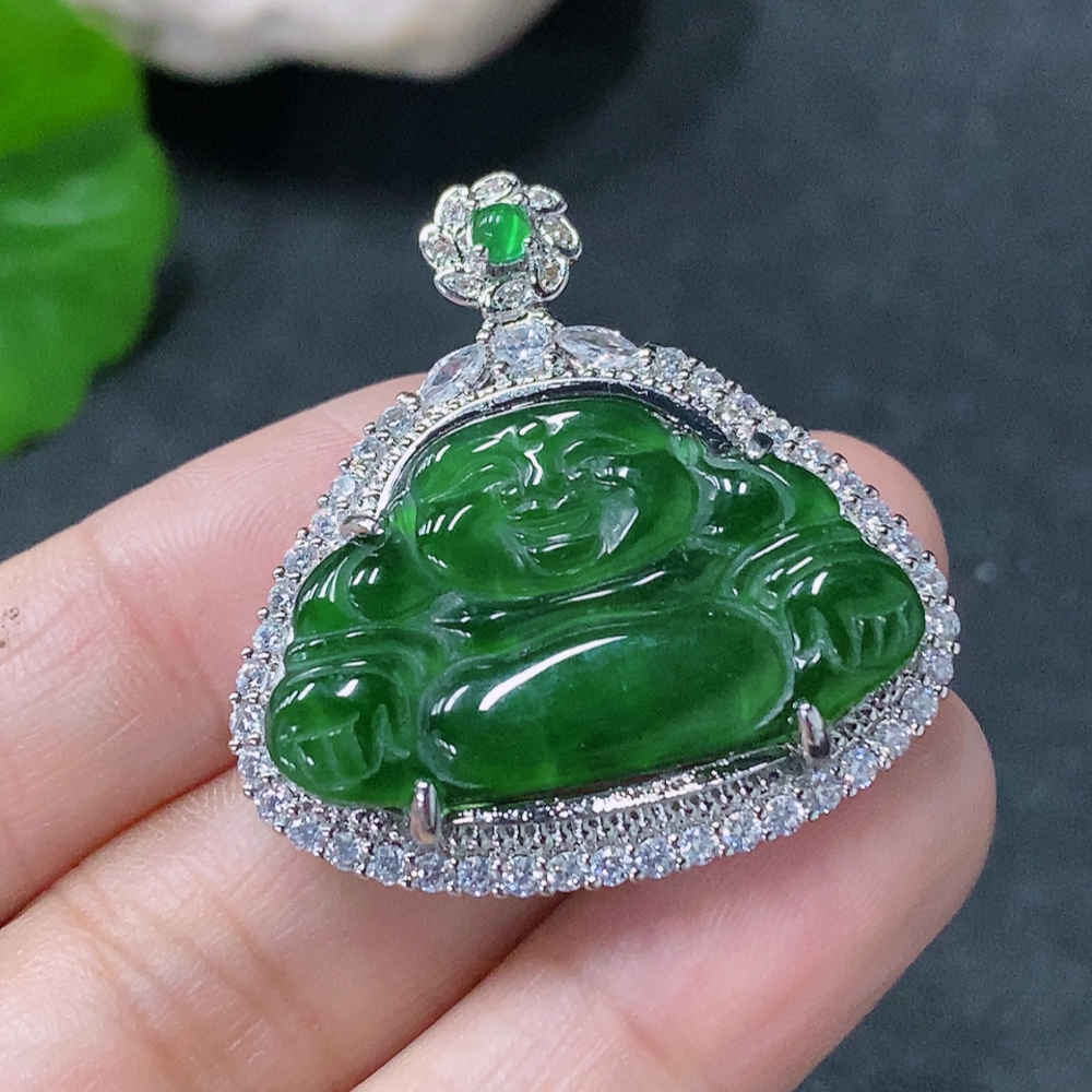 F33888039 Jadeite Inlaid Buddha Pendant, Non-Gold, Total Weight Approx. 7.34g, Beads Non-Grade A