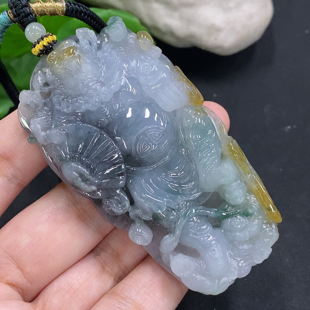 F34000183 Jadeite Pendant God of Wealth with Other Mineral Components Including Rope Total Weight Approx. 74.6g