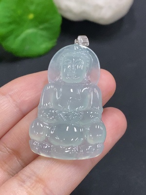 F34962399 Jadeite Guanyin Pendant with 18K Gold Clasp, Total Weight Approx. 7.7g (Set with Diamonds)