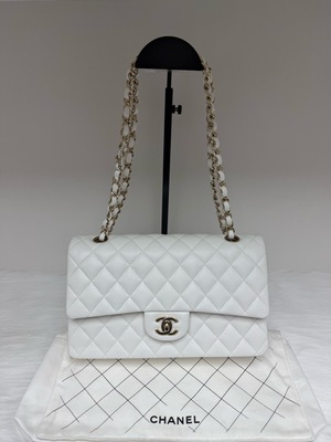 S43097130 香奈儿CHANEL 22年 CF 中号 白色金扣 荔枝牛皮 芯片款 尺寸：15.5x25.5x6.5cm 95新