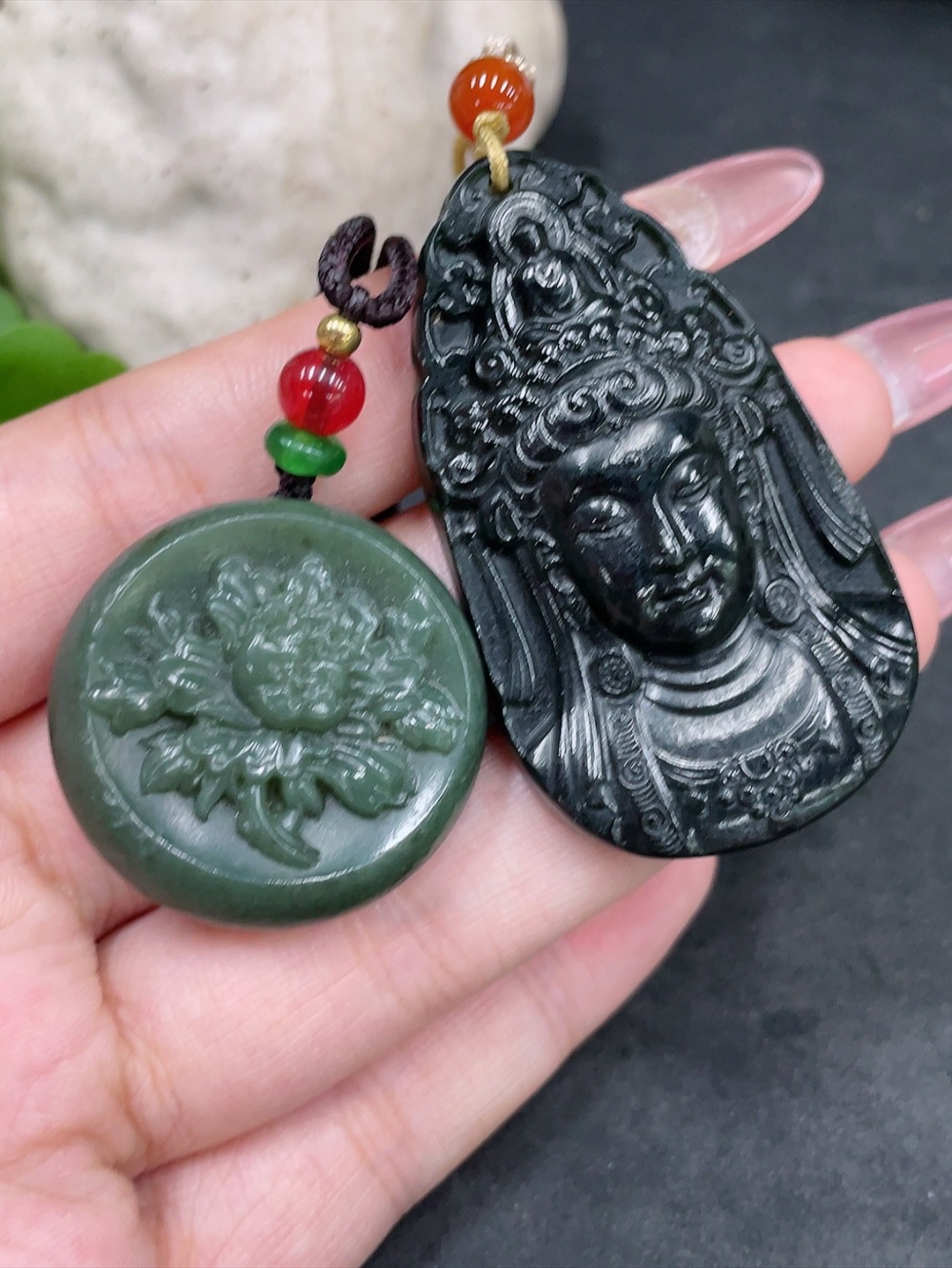 H33945017 Hetian Jade Pendant - Guanyin + Flowering Prosperity