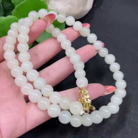 H35113567 Hetian Jade Bead Necklace Non-Gold Approximately 8.3mm Total Weight About 51.3g