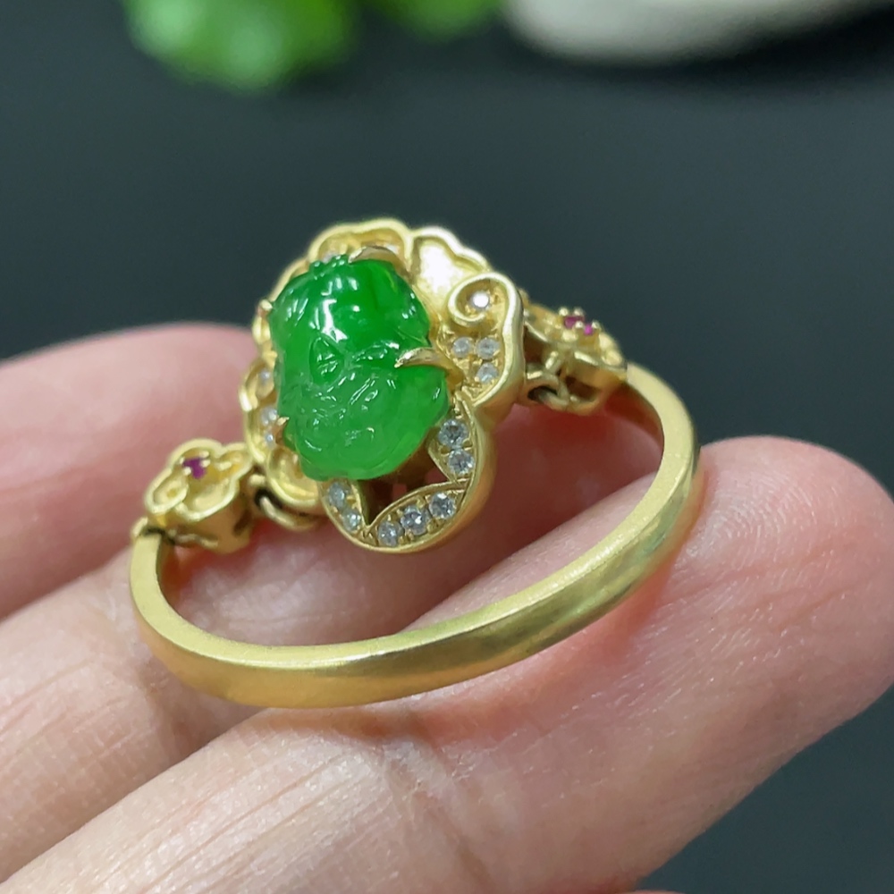 F34978086 Jadeite Pixiu Inlaid Ring 18k Gold Inlaid Size 25.5 Total Weight Approx. 6.76g With Diamond (Colorless)