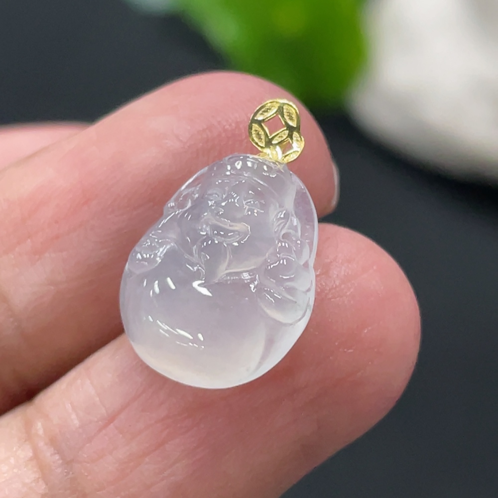 F32740367 Jadeite God of Wealth Pendant with 18K Gold Clasp, Total Weight Approx. 1.04g